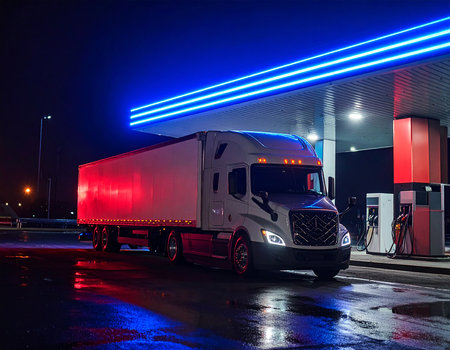 Truck in the gas station at night with neon lights on the roadの素材