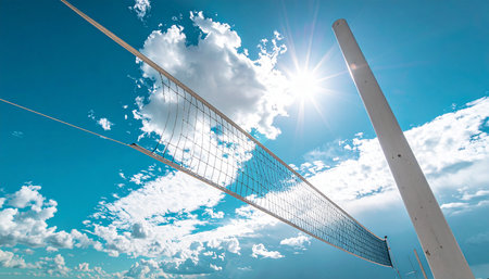 volleyball net against blue sky with white clouds and sun flareの素材