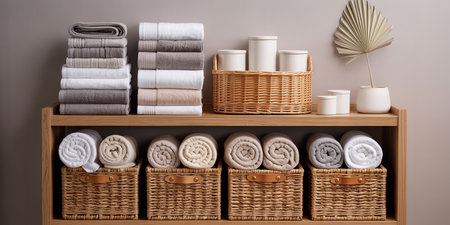 Bath towels in a wicker basket on a wooden shelf.の素材