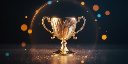 Golden trophy on dark background with bokeh lights. 3d renderingの素材