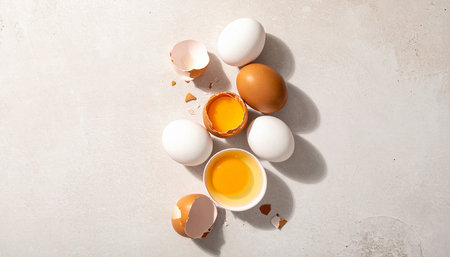 Fresh chicken eggs and broken eggshell on light background, top viewの素材