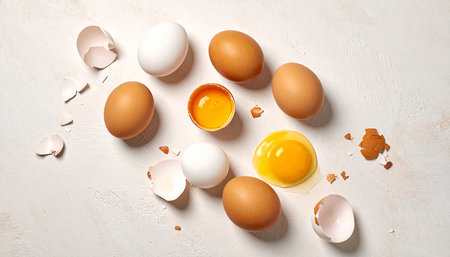 Eggs and yolk on white background, top view. Space for textの素材