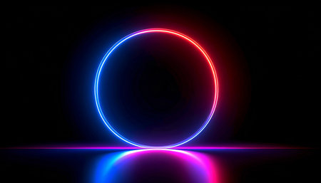 Neon circle on a black background. 3d rendering, 3d illustration.の素材