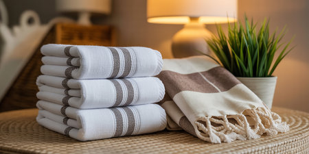 Close up of stack of clean towels on wicker chair in living roomの素材