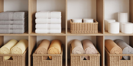 Shelves with different towels in room, closeup. Interior designの素材