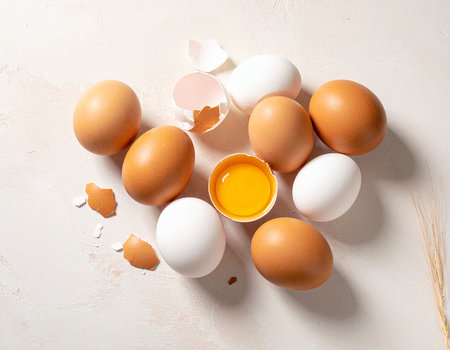 Chicken eggs and broken eggshell on white background. Top view.の素材