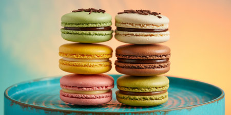 Colorful macaroons on turquoise plate on orange backgroundの素材