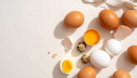 Chicken and quail eggs on a white background. Top view with copy space.の素材
