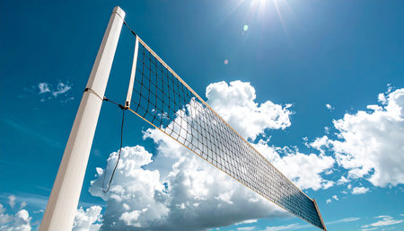 Volleyball net against blue sky with white clouds. Sport conceptの素材
