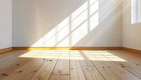 Empty room with wooden floor and sunlight. 3d rendering. Computer digital drawing.の素材
