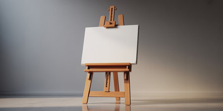 Wooden easel with blank canvas on grey background. 3D renderingの素材