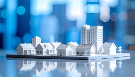 Real estate concept. House model with cityscape on the background.の素材