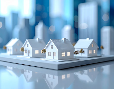 3d illustration of small houses on a city background. 3d renderingの素材