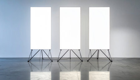 3d render of three blank white banners in a room with concrete floorの素材