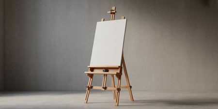 Wooden easel with blank canvas on concrete background. 3d renderingの素材