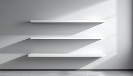 White bookshelves in a white room. 3d rendering.の素材