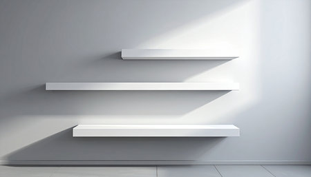 Empty white shelf with shadow on the wall. 3D rendering.の素材