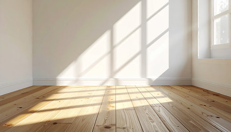 interior of empty room with white walls, wooden floor and windowの素材