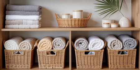 Bathroom interior with towels and wicker baskets on the shelvesの素材