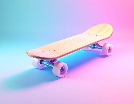 Wooden skateboard on a multicolored background. 3d renderingの素材