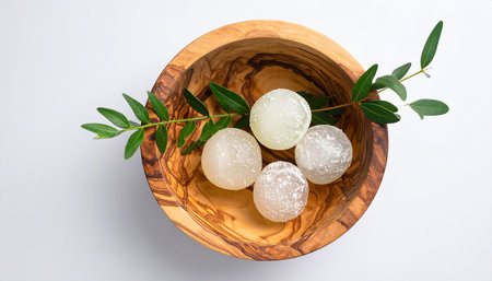 Japanese confectionery, glutinous rice balls in a wooden bowlの素材