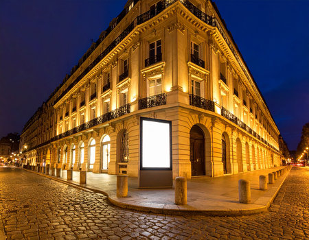 Luxembourg street at night with blank billboard for your advertisementの素材