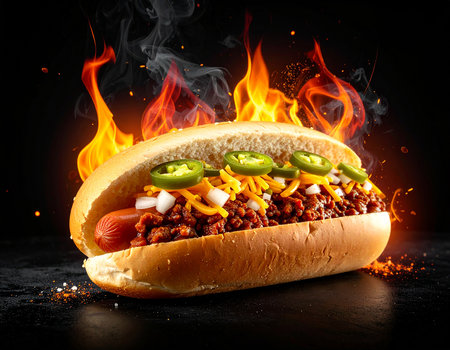 Hot dog with meat and vegetables on fire background. Fast food conceptの素材