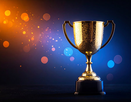 Golden trophy cup on dark background with bokeh lights and copyspaceの素材