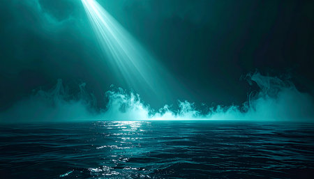 Fantasy dark sea with light rays and waves. 3d renderingの素材