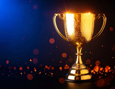 Golden trophy cup on a dark background with bokeh lights and starsの素材