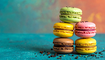 Colorful macaroons on blue background. Toned image.の素材