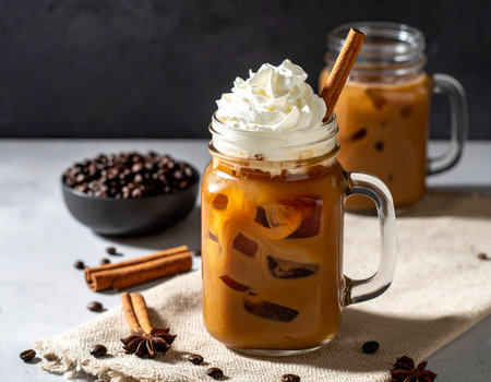Iced coffee with whipped cream in a glass jar on a gray backgroundの素材