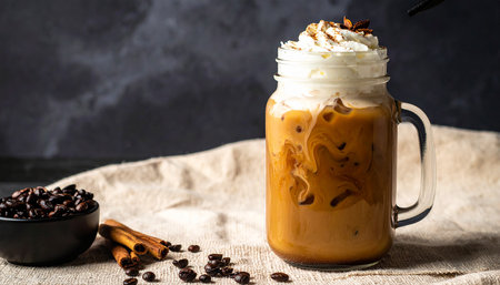 Iced coffee with whipped cream and coffee beans on a black backgroundの素材