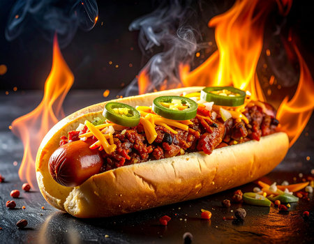 Hot dog with jalapeno pepper and cheese on fire backgroundの素材