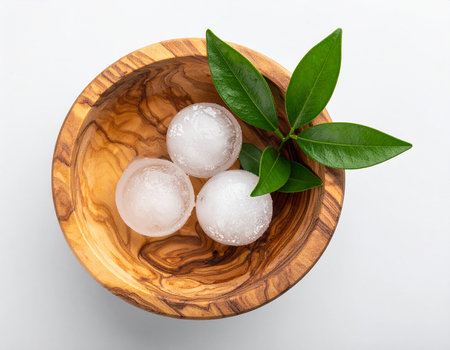 Rice balls in wooden bowl with green leaf on white background.の素材