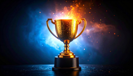 Golden trophy cup with burning fire and smoke on dark background. Award concept.の素材
