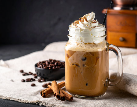 Iced coffee with whipped cream and cinnamon on a black background.の素材