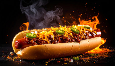 Hot dog with ketchup, mustard and jalapeno pepper on black backgroundの素材