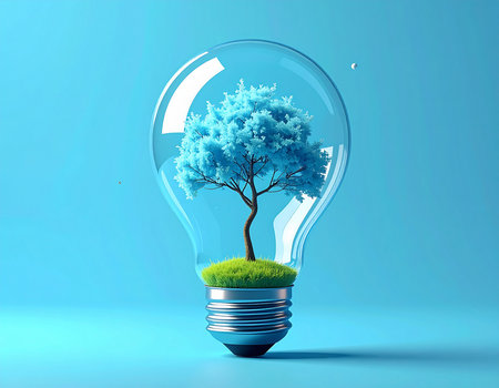 Lightbulb with tree inside, environmental concept. 3D renderingの素材