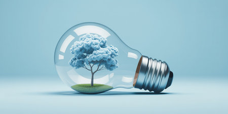 Tree growing inside of light bulb on blue background. Ecology concept. 3D renderingの素材