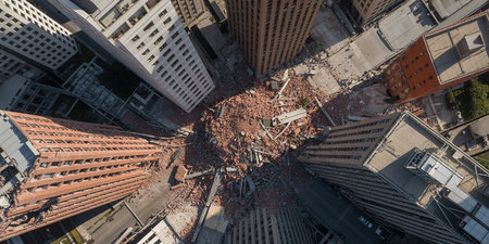 Aerial view of the demolition of a high-rise building.の素材