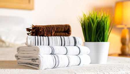 Stack of clean towels on the bed in the bedroom. Housekeeping conceptの素材