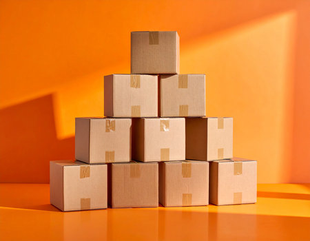 Cardboard boxes stacked on top of each other on orange background with sunlightの素材