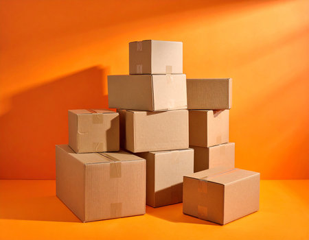 stack of cardboard boxes on orange background, shipping and delivery concept.の素材