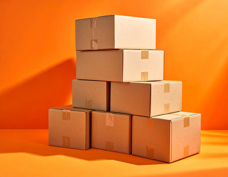 stack of cardboard boxes on orange background. 3d render illustration.の素材