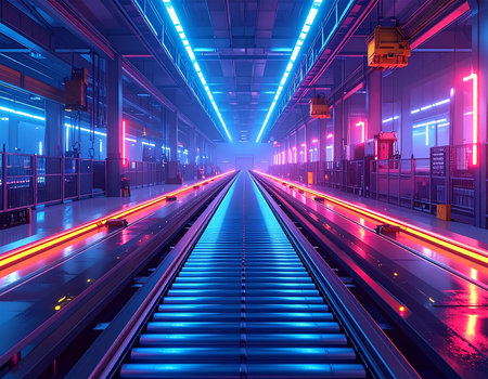 3D rendering of a futuristic corridor inside a subway station with neon lightsの素材