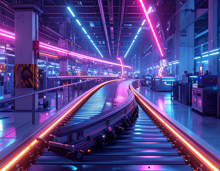 Futuristic conveyor belt in the factory. 3d renderingの素材