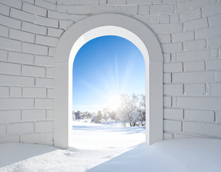 Winter landscape with white brick wall and blue sky. 3d renderの素材