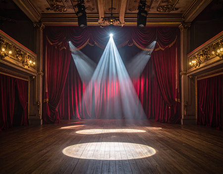 Theater stage with red curtains and spotlights, illuminated by the spotlightの素材