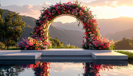 Wedding arch with flowers at sunset,3d render.の素材